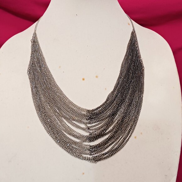 Handmade Two Tone Multi Layer Silver and Gunmetal Cascade Chain Necklace - Picture 2 of 8